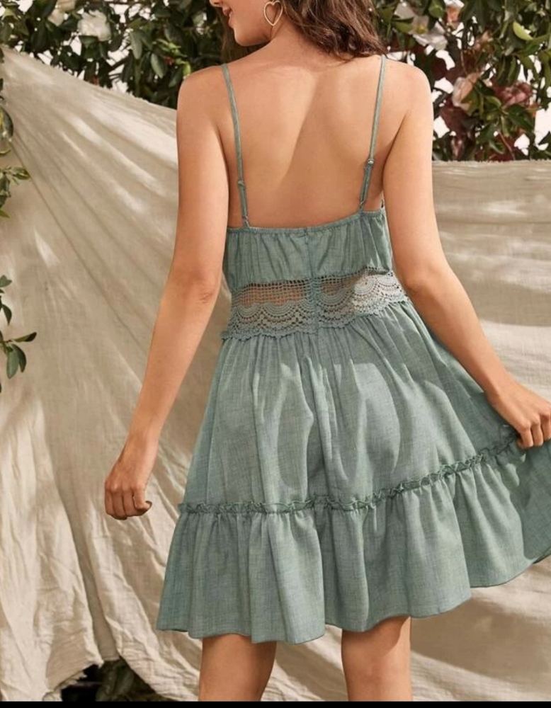 Lace Insert Ruffle Hem Cami Dress - Picture 3 of 6